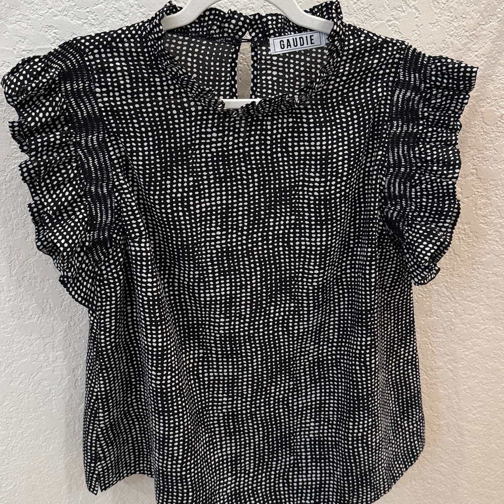 JODIFL (by Gaudie)Womens Black & White Polka Dot Top w/ Puff Sleeves, Size Large